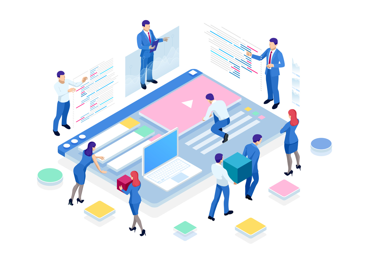 Isometric SEO analytics team concept. Contents creation specialist and article writers. Writing service, IT specialists, search engine optimization analysis